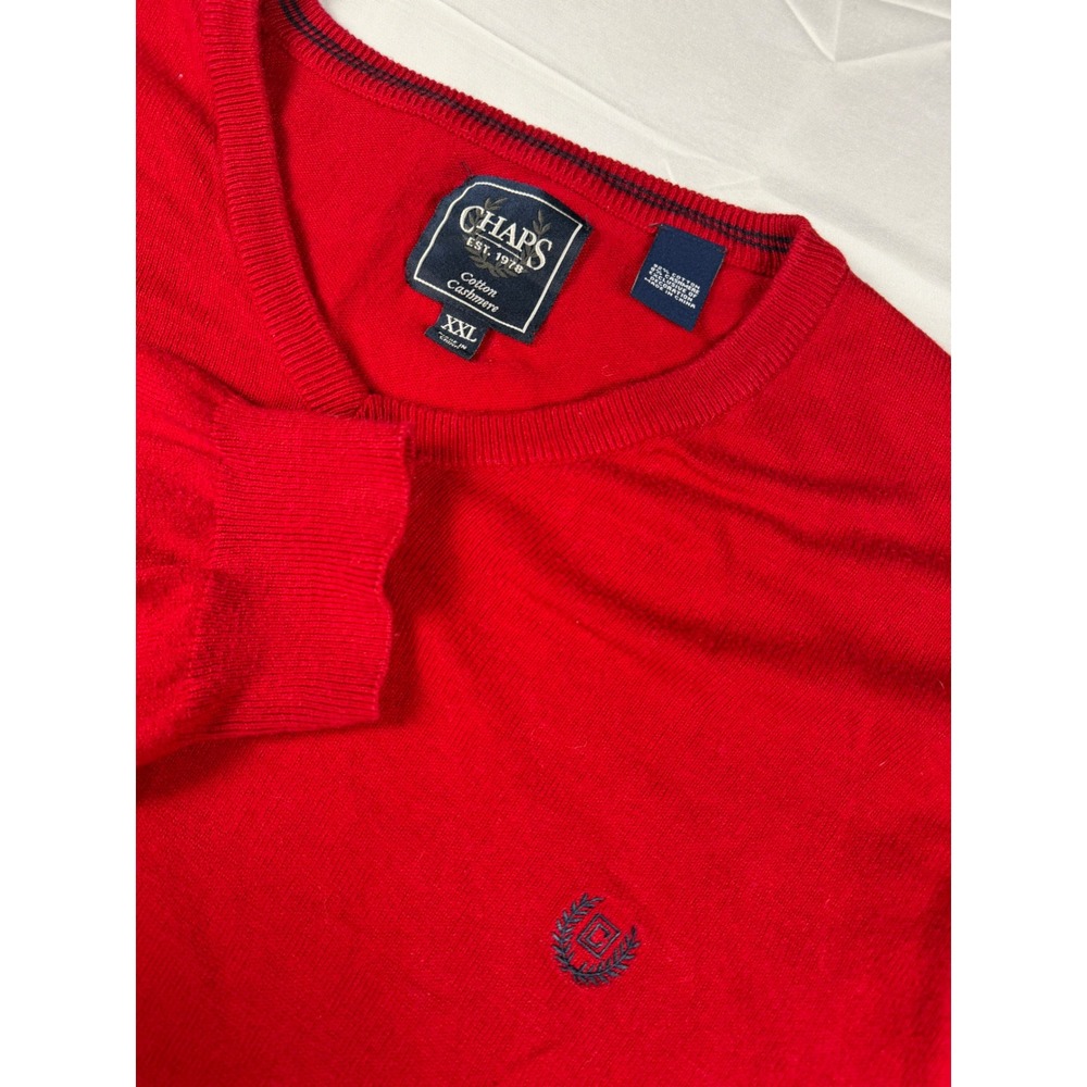 Chaps Mens XXL Red V-Neck Sweater Cotton Cashmere Blend Embroidered Logo Top